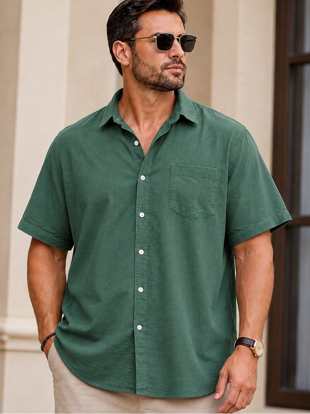 Men's Short-Sleeve Button-Down Shirt in Forest Green